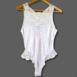 Vintage Sara Beth satin lace camisole/bodysuit pink green detail size S